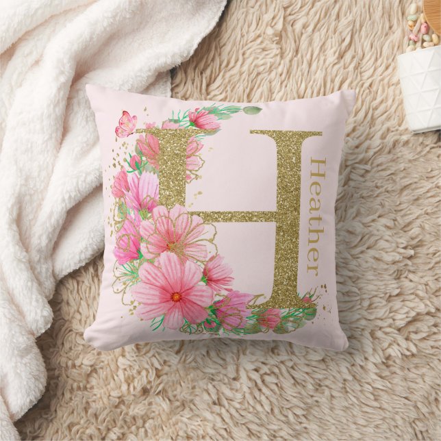 Watercolor Gold and Floral Monogram Letter H Cushion (Blanket)