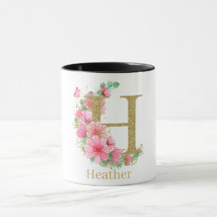 Watercolor Gold and Floral Monogram Letter H Mug