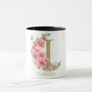Watercolor Gold and Floral Monogram Letter I Mug