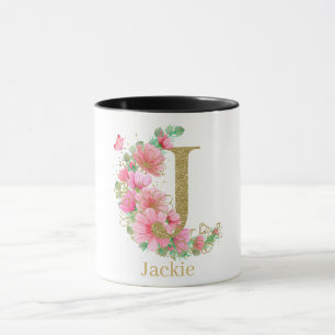 Watercolor Gold and Floral Monogram Letter J Mug