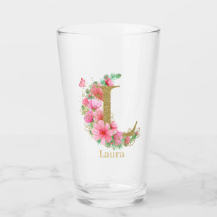 Watercolor Gold and Floral Monogram Letter L Glass