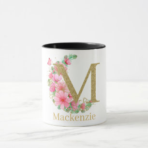 Watercolor Gold and Floral Monogram Letter M Mug