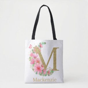 Watercolor Gold and Floral Monogram Letter M Tote Bag