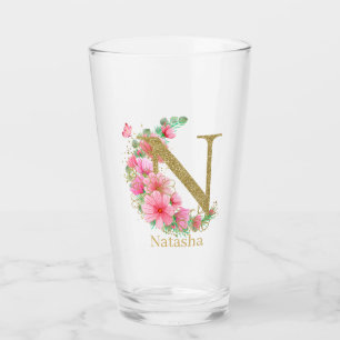 Watercolor Gold and Floral Monogram Letter N Glass