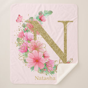 Watercolor Gold and Floral Monogram Letter N Sherpa Blanket