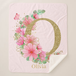 Watercolor Gold and Floral Monogram Letter O Sherpa Blanket