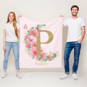 Watercolor Gold and Floral Monogram Letter P Fleece Blanket