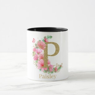 Watercolor Gold and Floral Monogram Letter P Mug