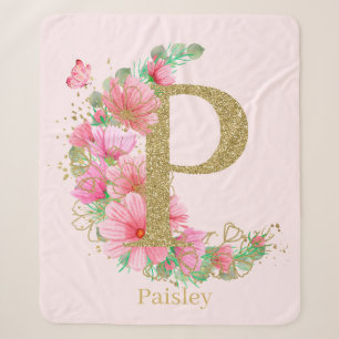 Watercolor Gold and Floral Monogram Letter P Sherpa Blanket