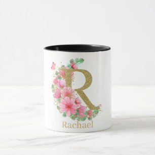 Watercolor Gold and Floral Monogram Letter R Mug