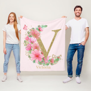 Watercolor Gold and Floral Monogram Letter V Fleece Blanket