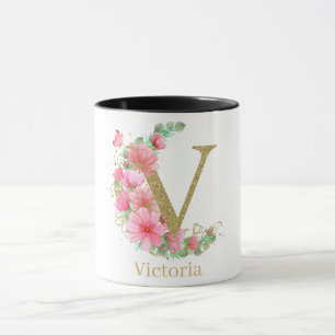 Watercolor Gold and Floral Monogram Letter V Mug