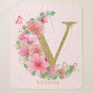 Watercolor Gold and Floral Monogram Letter V Sherpa Blanket