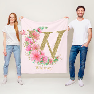Watercolor Gold and Floral Monogram Letter W Fleece Blanket