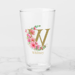 Watercolor Gold and Floral Monogram Letter W Glass