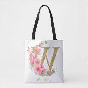 Watercolor Gold and Floral Monogram Letter W Tote Bag