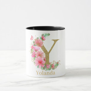 Watercolor Gold and Floral Monogram Letter Y Mug