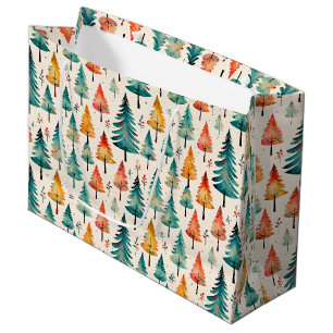 Watercolor Gold and Green Christmas Trees Large Gift Bag