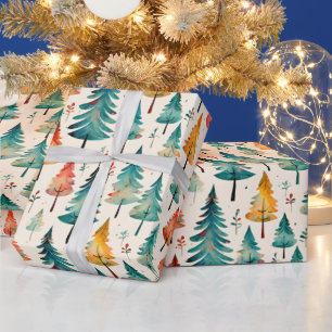 Watercolor Gold and Green Christmas Trees Wrapping Paper
