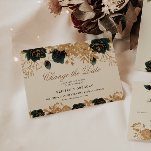 Watercolor Gold And Green Roses Change The Date Invitation (Creator Uploaded)