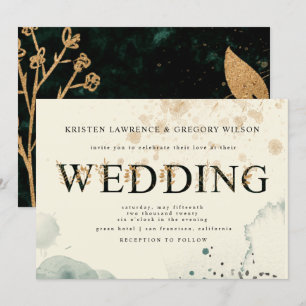 Watercolor Gold and Green Roses Wedding Invitation