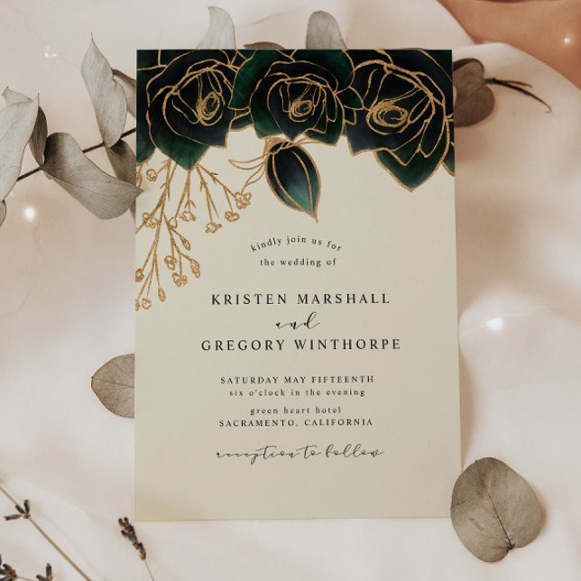 Watercolor Gold and Green Roses Wedding Invitation (Creator Uploaded)