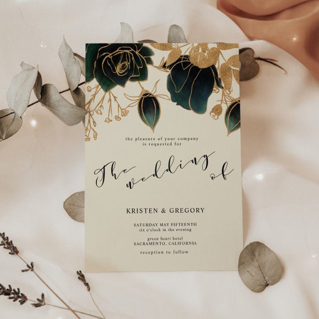 Watercolor Gold and Green Roses Wedding Invitation (Creator Uploaded)