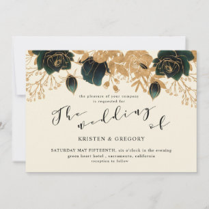 Watercolor Gold and Green Roses Wedding Invitation