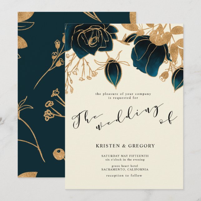 Watercolor Gold and Green Wedding Invitation (Front/Back)