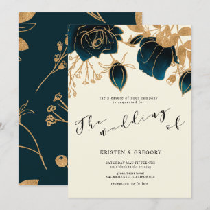 Watercolor Gold and Green Wedding Invitation