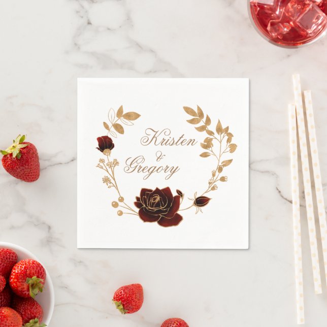 Watercolor Gold And Red Roses Monogram Paper Napkin (Insitu)