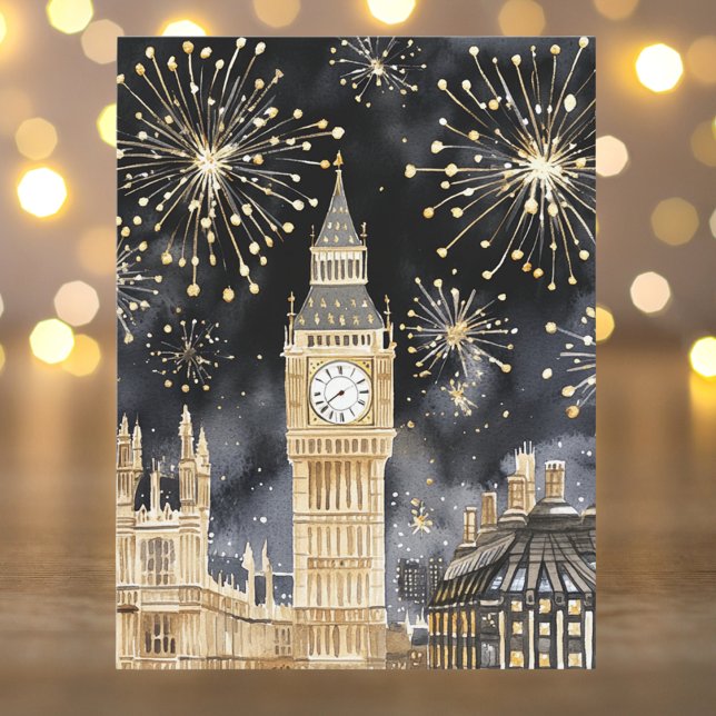 Watercolor Gold Black Happy New Year London  Holiday Postcard (Creator Uploaded)