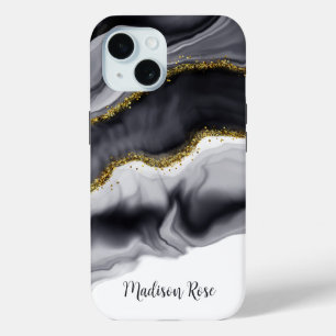 Watercolor Gold Black Personalise iPhone 15 Case