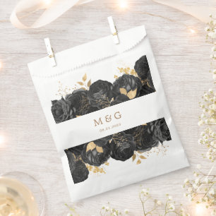 Watercolor Gold Black Roses Monogram Wedding Favour Bags