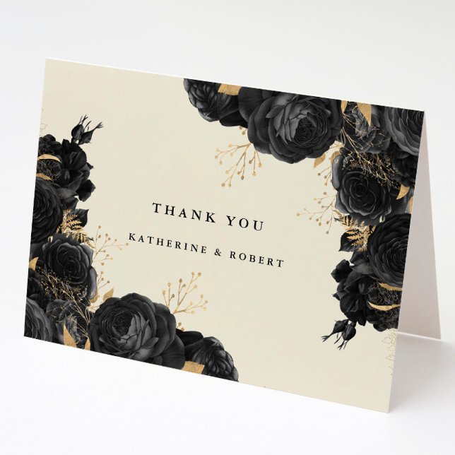 Watercolor Gold Black Roses Photo Thank You Card (Creator Uploaded)