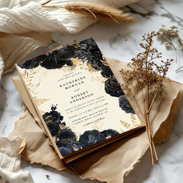 Watercolor Gold Black Roses Wedding Invitation (Creator Uploaded)