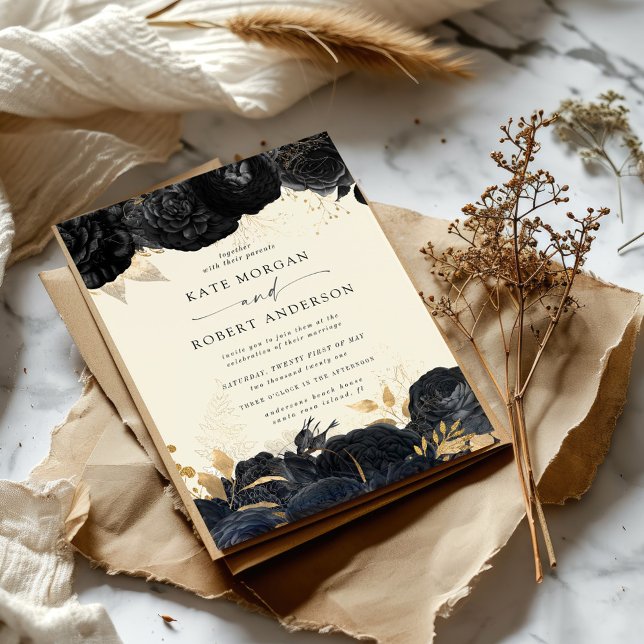 Watercolor Gold Black Roses Wedding Invitation (Creator Uploaded)