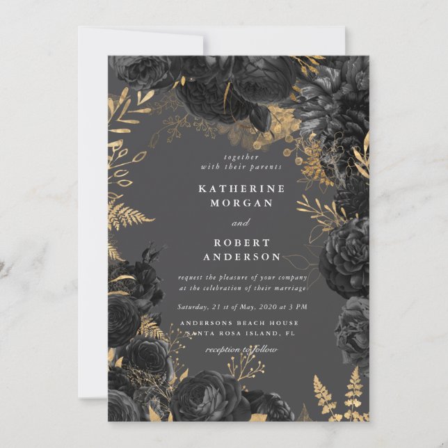 Watercolor Gold Black Roses Wedding Invitation (Front)