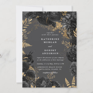 Watercolor Gold Black Roses Wedding Invitation