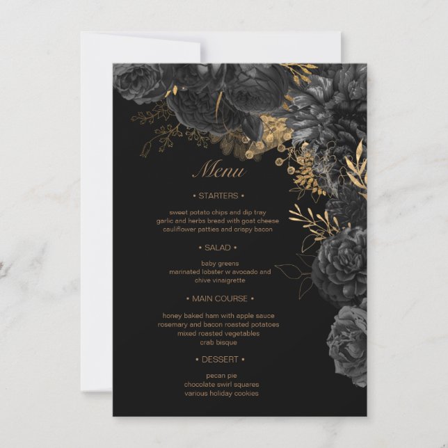 Watercolor Gold Black Roses Wedding Menu Invitation (Front)