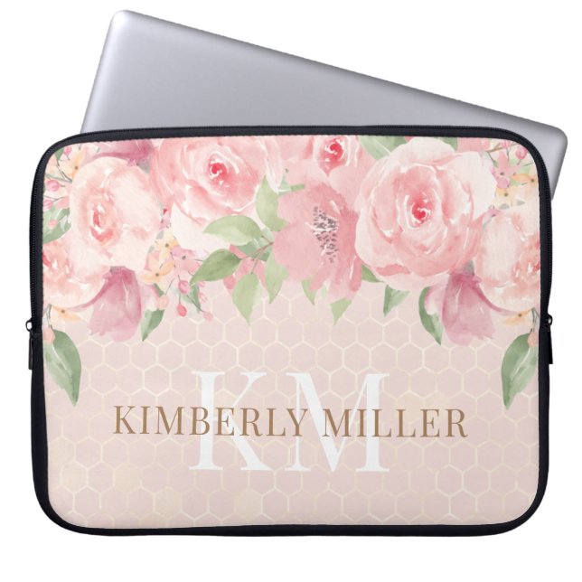 Watercolor Gold Blush Pink Floral Monogram Laptop Sleeve (Front)