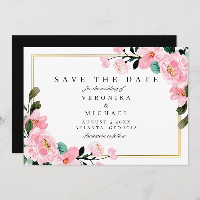 Watercolor Gold Botanical Elegant Wedding Save The Date (Front/Back)