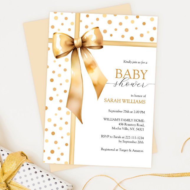 Watercolor Gold Bow Baby Shower Invitation (Creator Uploaded)