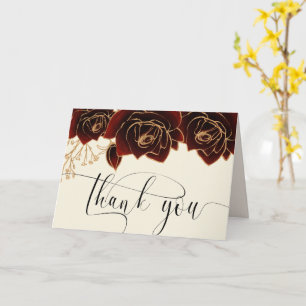 Watercolor Gold Burgundy Roses Thank You Card