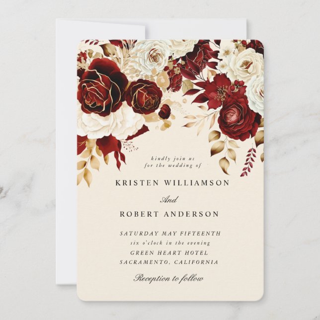 Watercolor Gold Burgundy Roses Wedding Invitation (Front)
