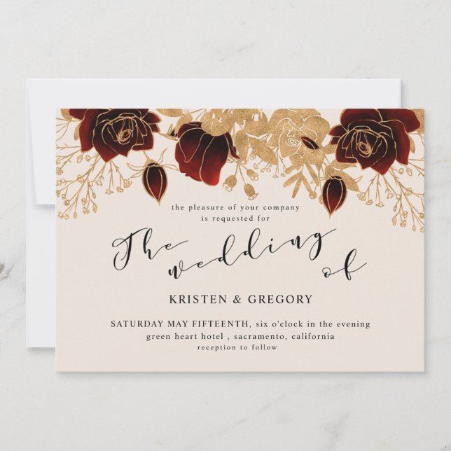 Watercolor Gold Burgundy Roses Wedding Invitation (Front)