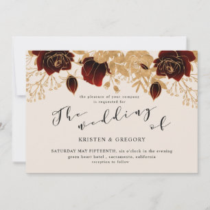 Watercolor Gold Burgundy Roses Wedding Invitation