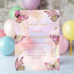 Watercolor Gold Butterflies Rainbow Birthday Invitation