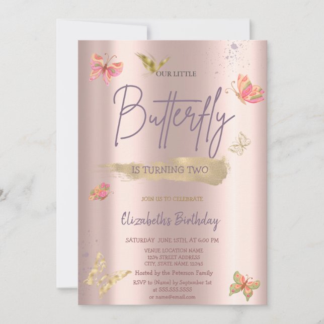 Watercolor Gold Butterflies Rose Gold Birthday  Invitation (Front)