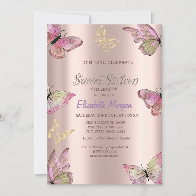 Watercolor Gold Butterflies Rose Gold Sweet 16 Invitation (Front)